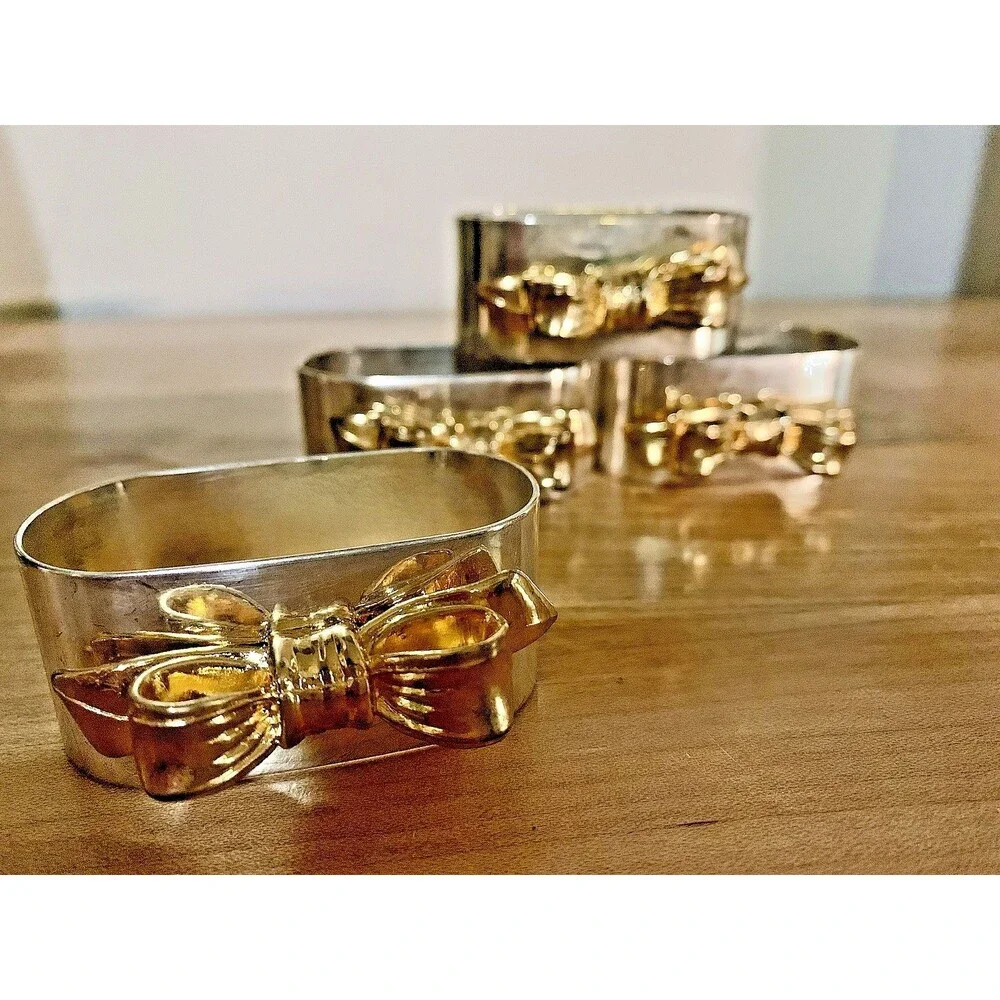 Vintage Regal Quality Silver Plated Napkin Rings Gold Bow Set of 4 Hong Kong